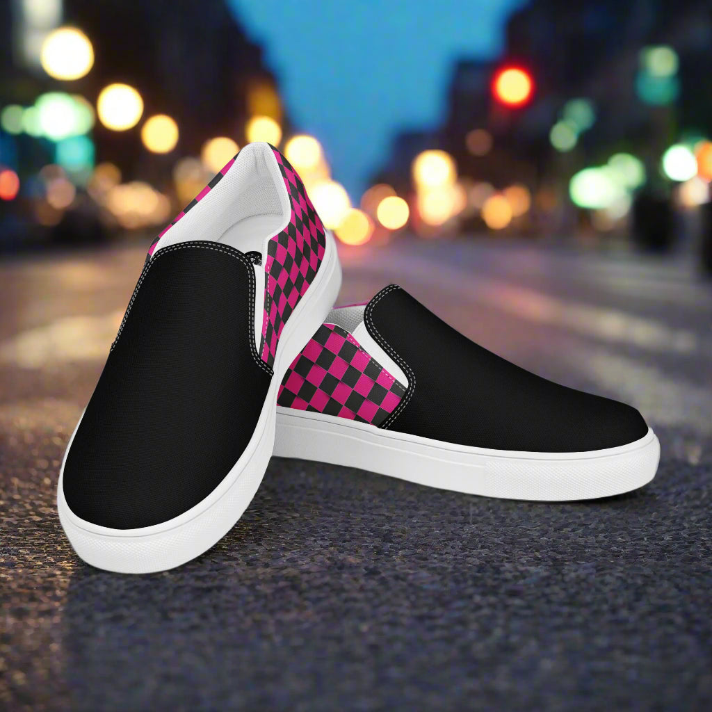 Women’s Slip-On Canvas Shoes Black and Pink Chex Two-Tone