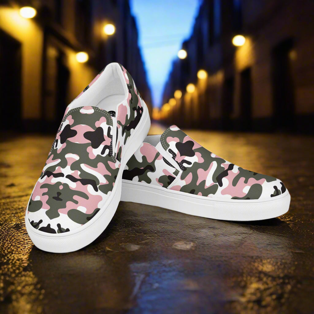 Women’s Custom Slip-On Canvas Shoes Pink and Black Urban Camo Print