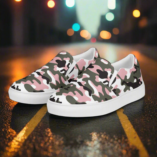 Women’s Custom Slip-On Canvas Shoes Pink and Black Urban Camo Print