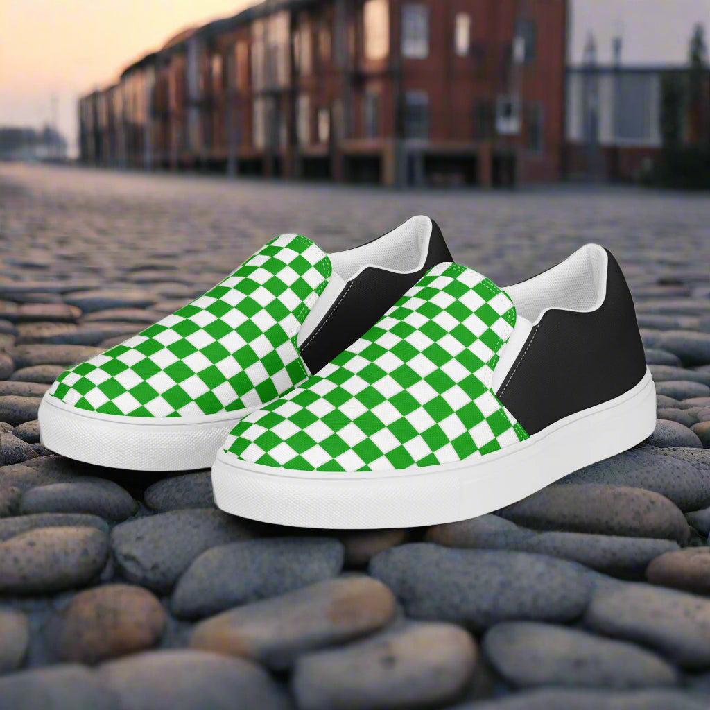 Women’s Slip-On Canvas Sneakers Green and White Checkered Halftone