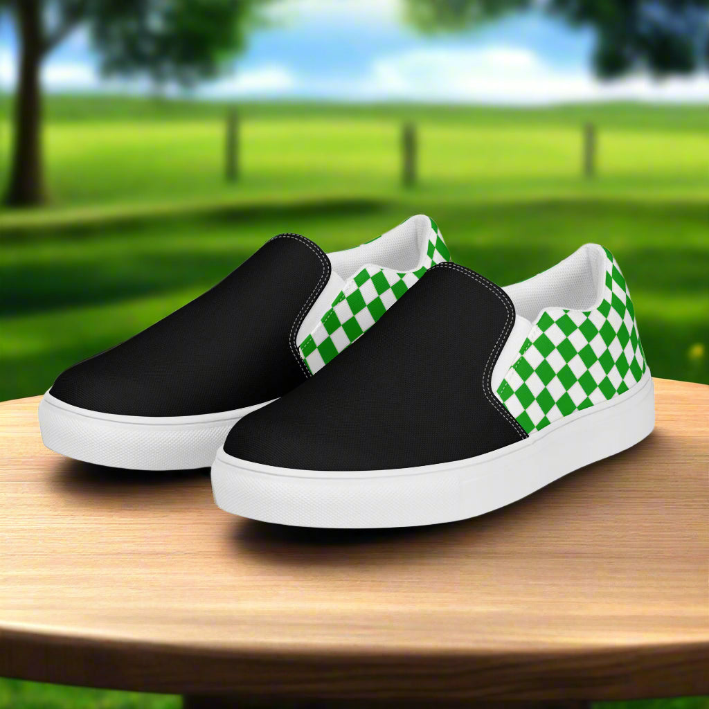 Women’s Green and White Checkered Slip-On Canvas Shoes Two-Tone