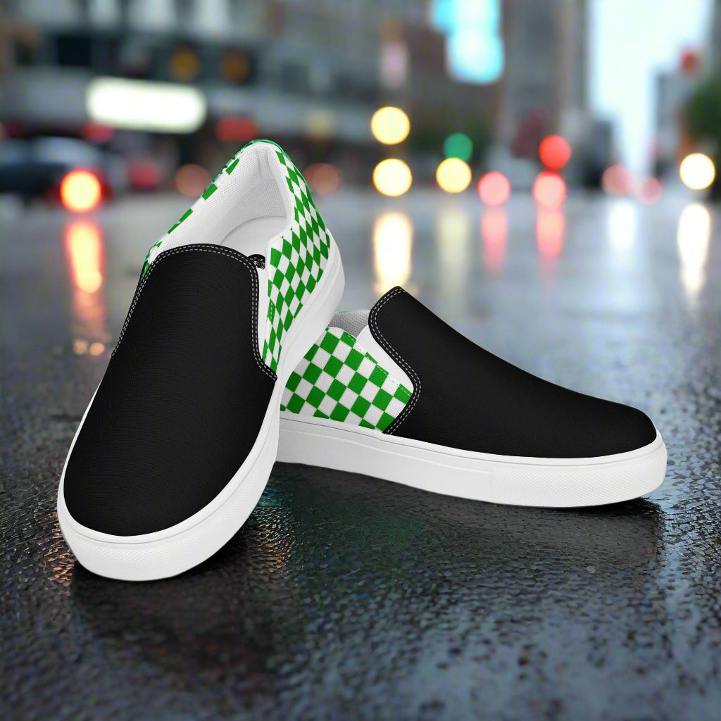 Women’s Green and White Checkered Slip-On Canvas Shoes Two Tone