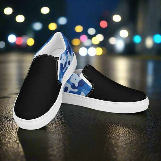 Women’s Custom Slip-On Canvas Shoes Blue Camo Print Two-Tone