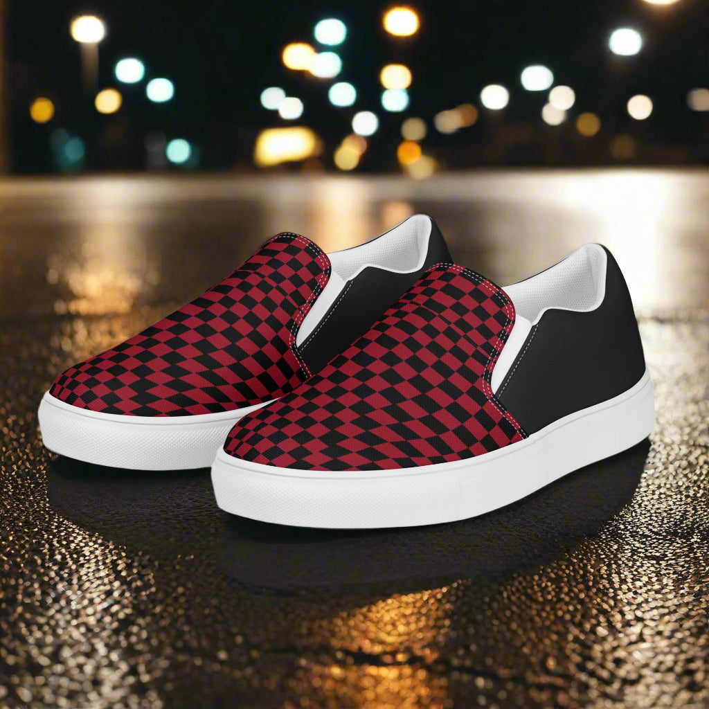 Women’s Custom Slip-On Canvas Shoes Black and Red Checkered Print - Halftone Pattern