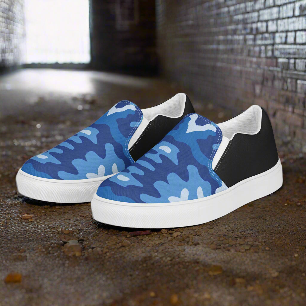 Custom Women’s Slip-On Canvas Shoes Blue Camo Print Halftone Styling