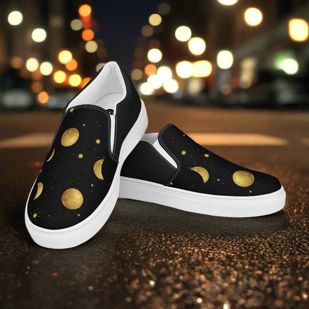 Women’s Custom Slip-on Canvas Sneakers Moon and Stars Print Halftone