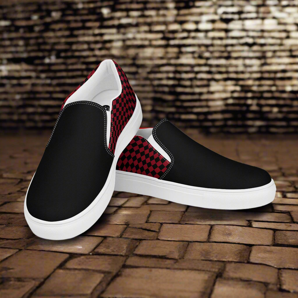 Women’s Custom Skater Style Slip-On Canvas Shoes Black and Red Checkered Two-Tone Pattern