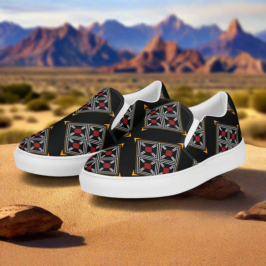 Southwest Print Women’s Slip-on Canvas Shoes Black, Silver and Red Geometric Pattern