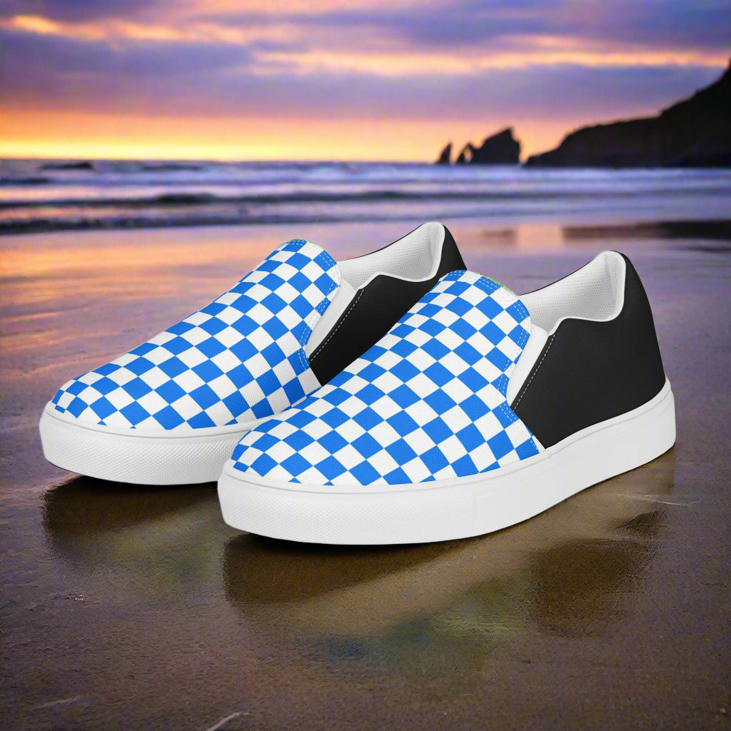 Women’s Slip-On Canvas Shoes Blue Checkerboard Two-Tone