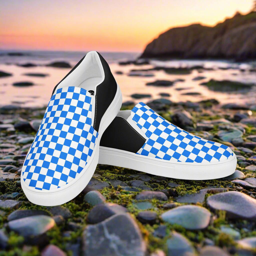 Women’s Slip-On Canvas Shoes Blue Checkerboard Two-Tone