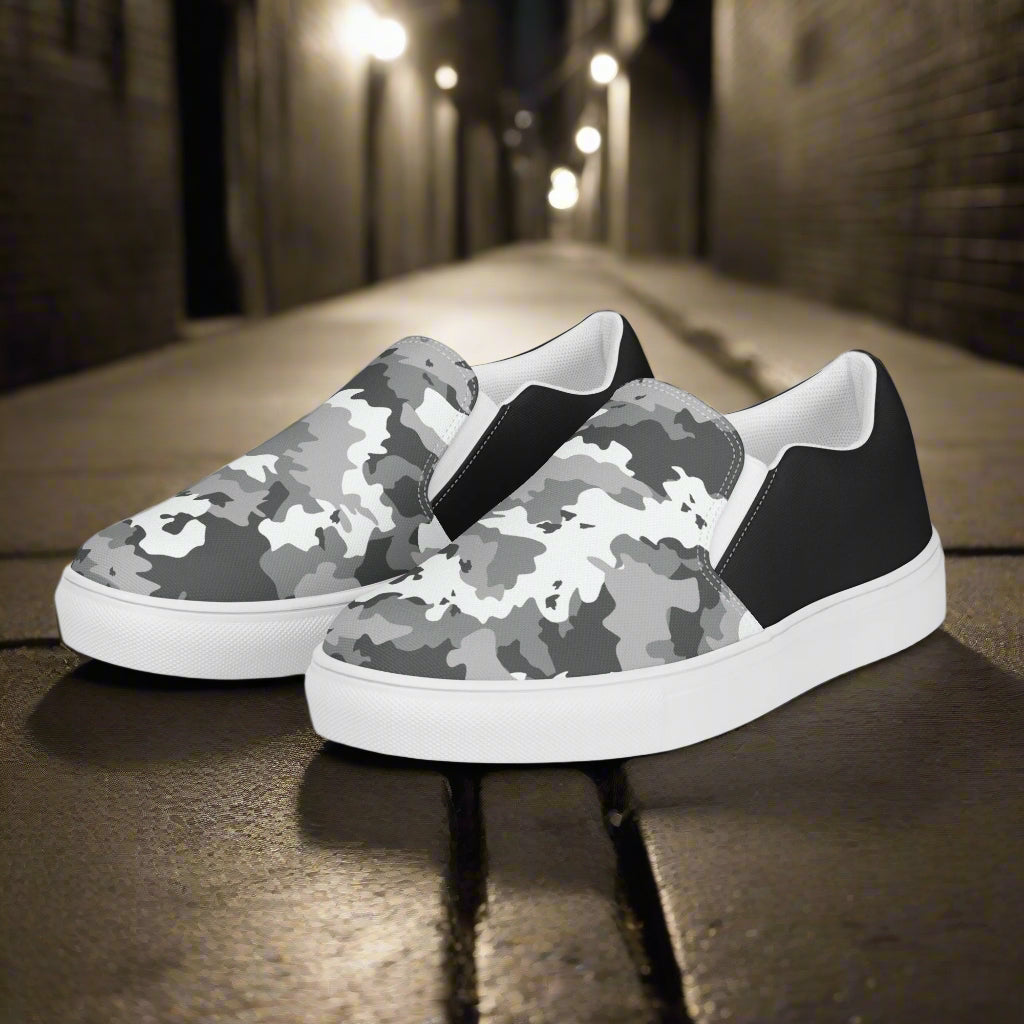Women’s Slip-On Canvas Shoes Black & White Camo Two-Tone