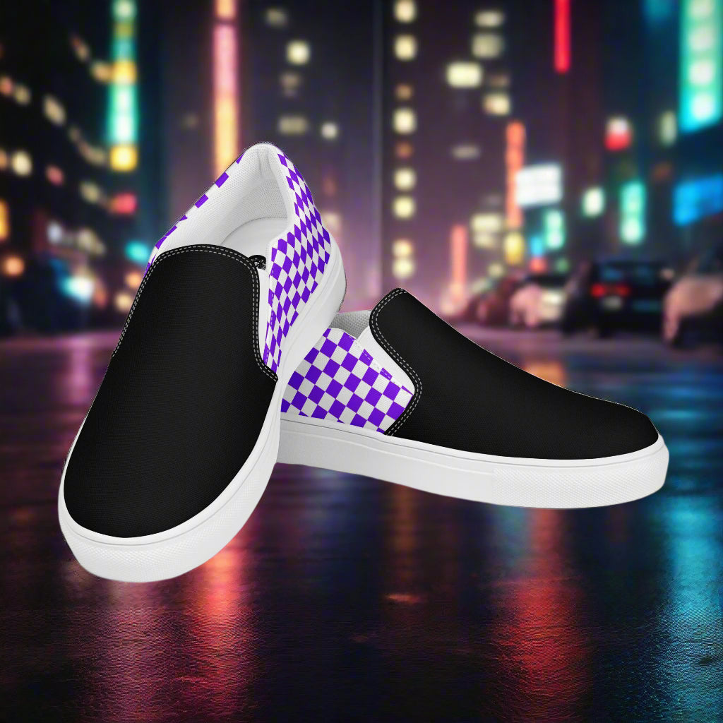Women’s Custom Purple and White Checks Slip-On Canvas Sneakers Two Tone
