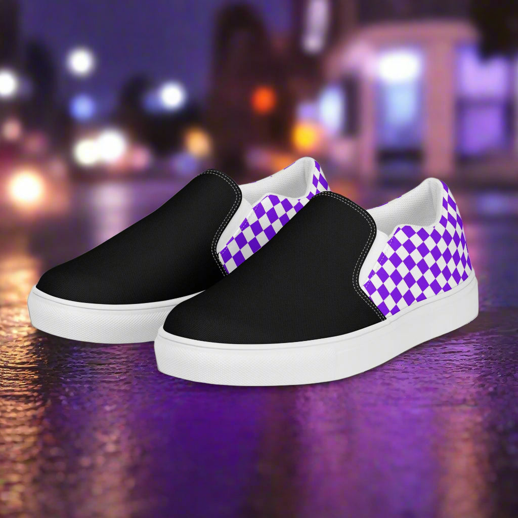 Women’s Custom Purple and White Checks Slip-On Canvas Sneakers Two Tone