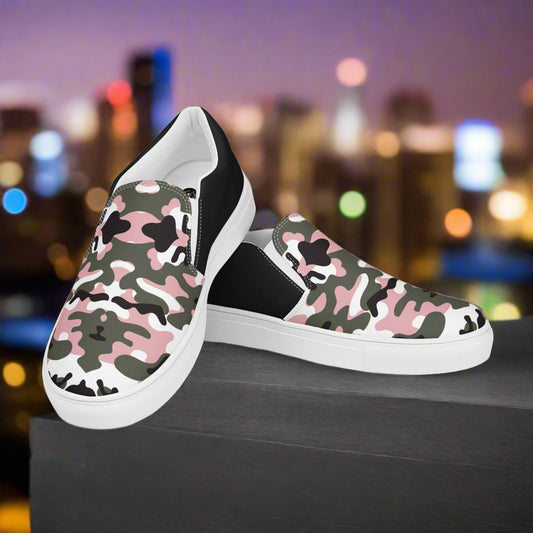 Women’s Custom Slip-On Canvas Shoes Pink & Black Camo Two-Tone