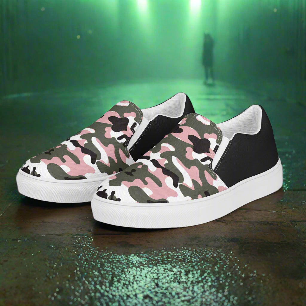 Women’s Custom Slip-On Canvas Shoes Pink & Black Camo Two-Tone
