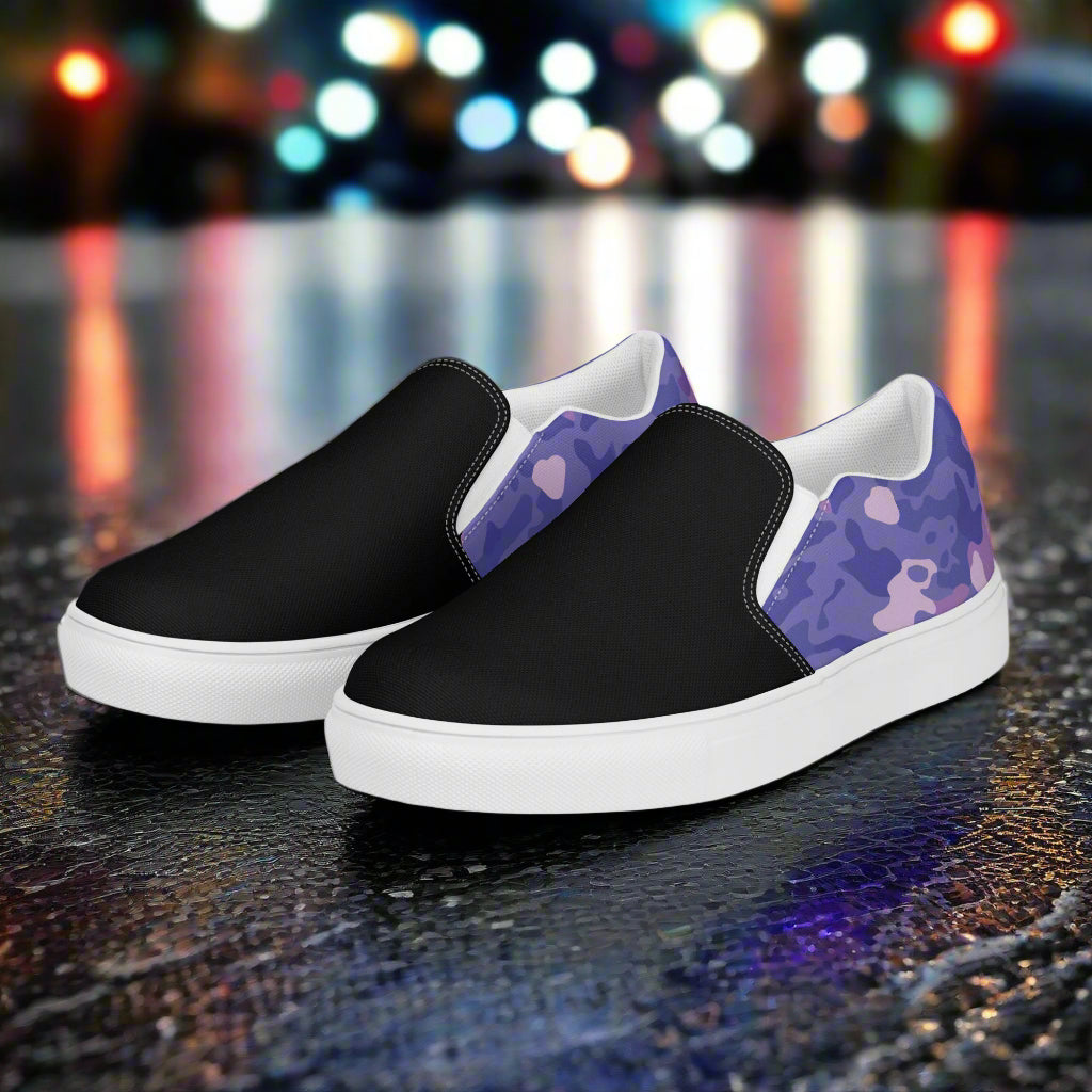 Women’s Custom Slip-On Canvas Sneakers Purple Camo Two-Tone