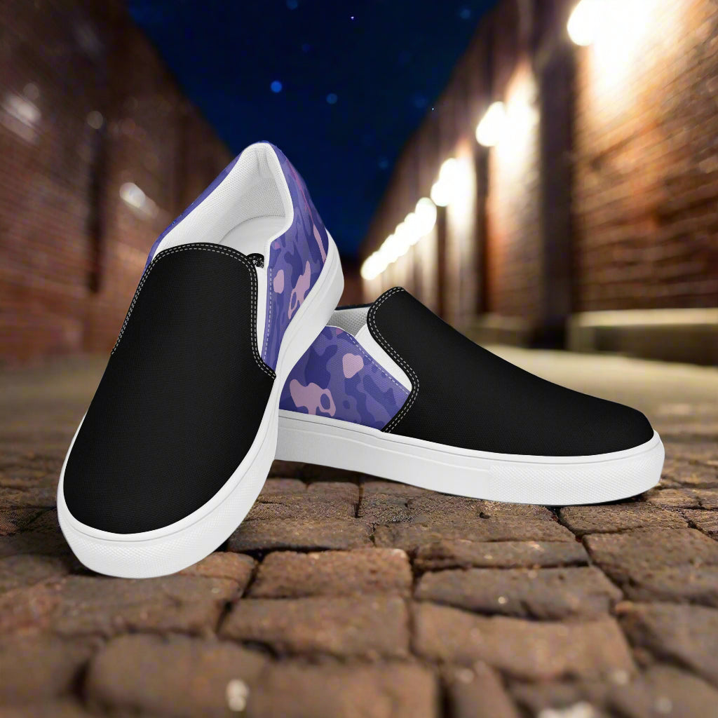 Women’s Custom Slip-On Canvas Sneakers Purple Camo Two-Tone