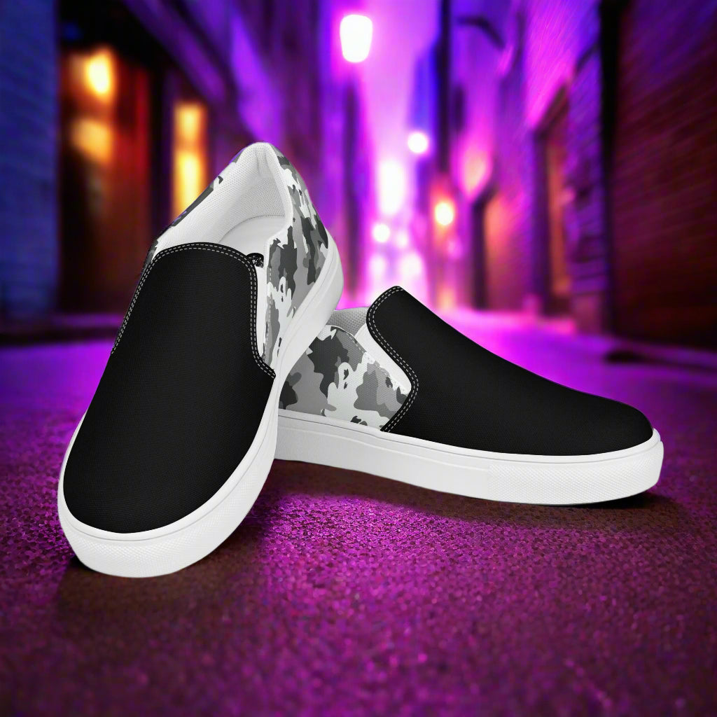Women’s Black and White Camo Slip-On Canvas Shoes Two Tone