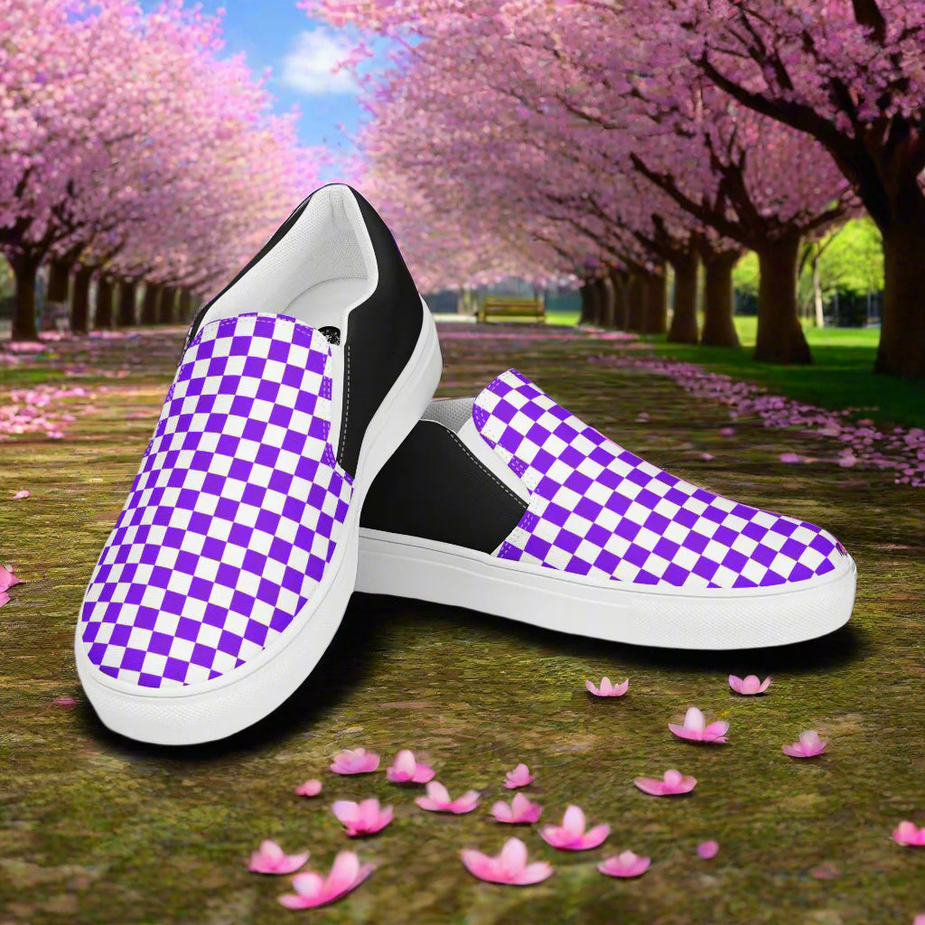 Purple on White Checkerboard Women’s Slip-On Canvas Sneakers
