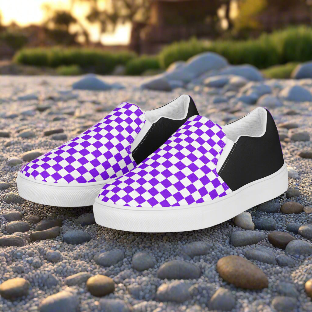 Purple on White Checkerboard Women’s Slip-On Canvas Sneakers
