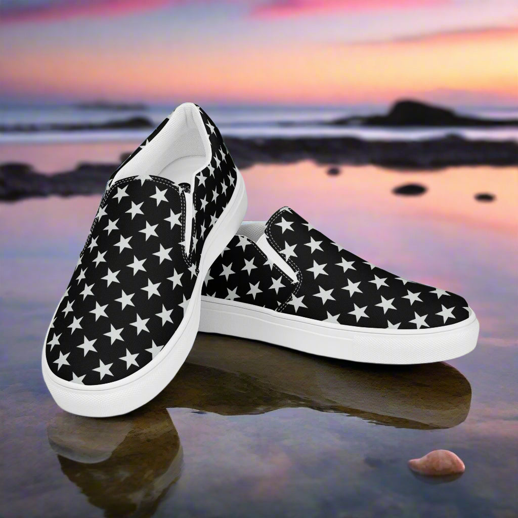 Women’s Custrom Slip-On Canvas Sneakers Black with White Star Pattern