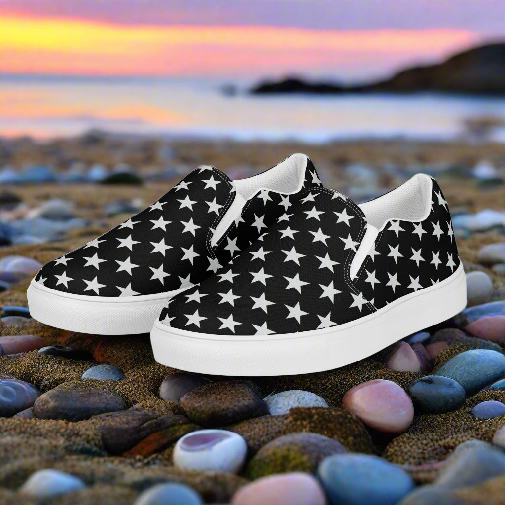 Women’s Custrom Slip-On Canvas Sneakers Black with White Star Pattern