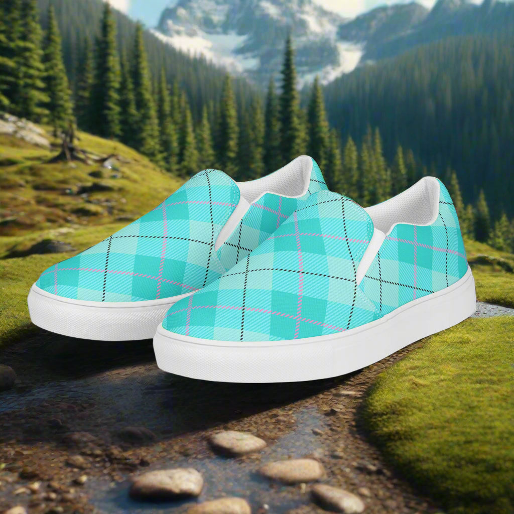 Women’s Light Green Plaid Slip-On Canvas Sneakers