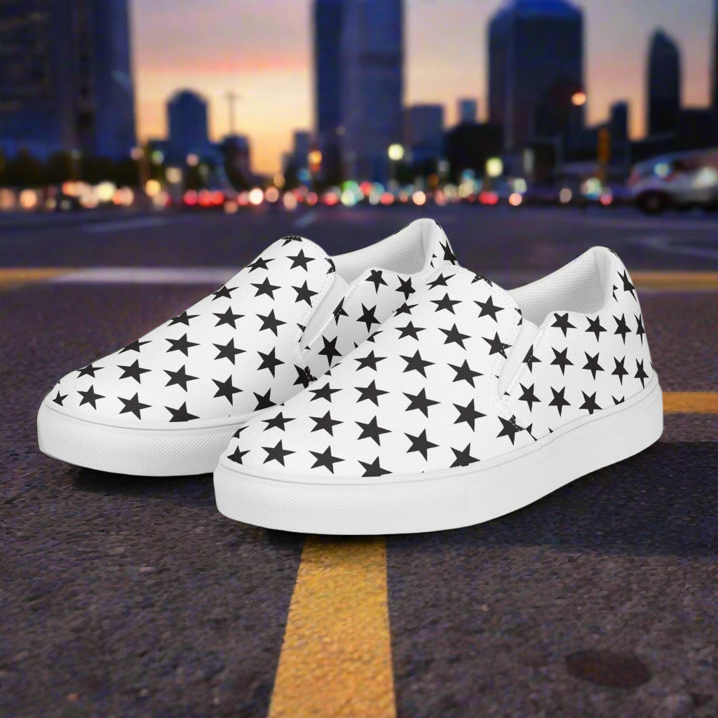 Custom Women’s Slip-On Canvas Shoes White with a Black Star Pattern