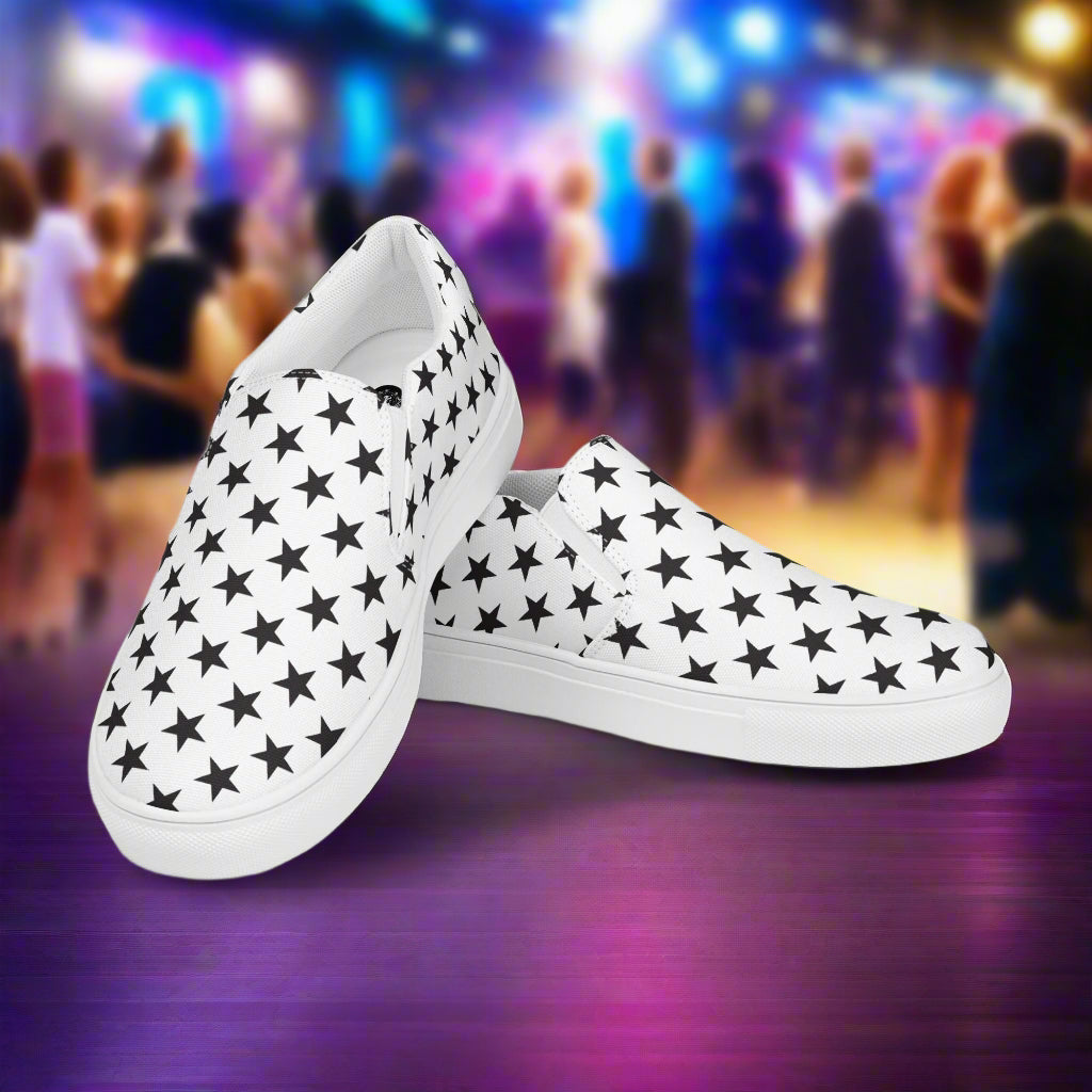 Custom Women’s Slip-On Canvas Shoes White with a Black Star Pattern