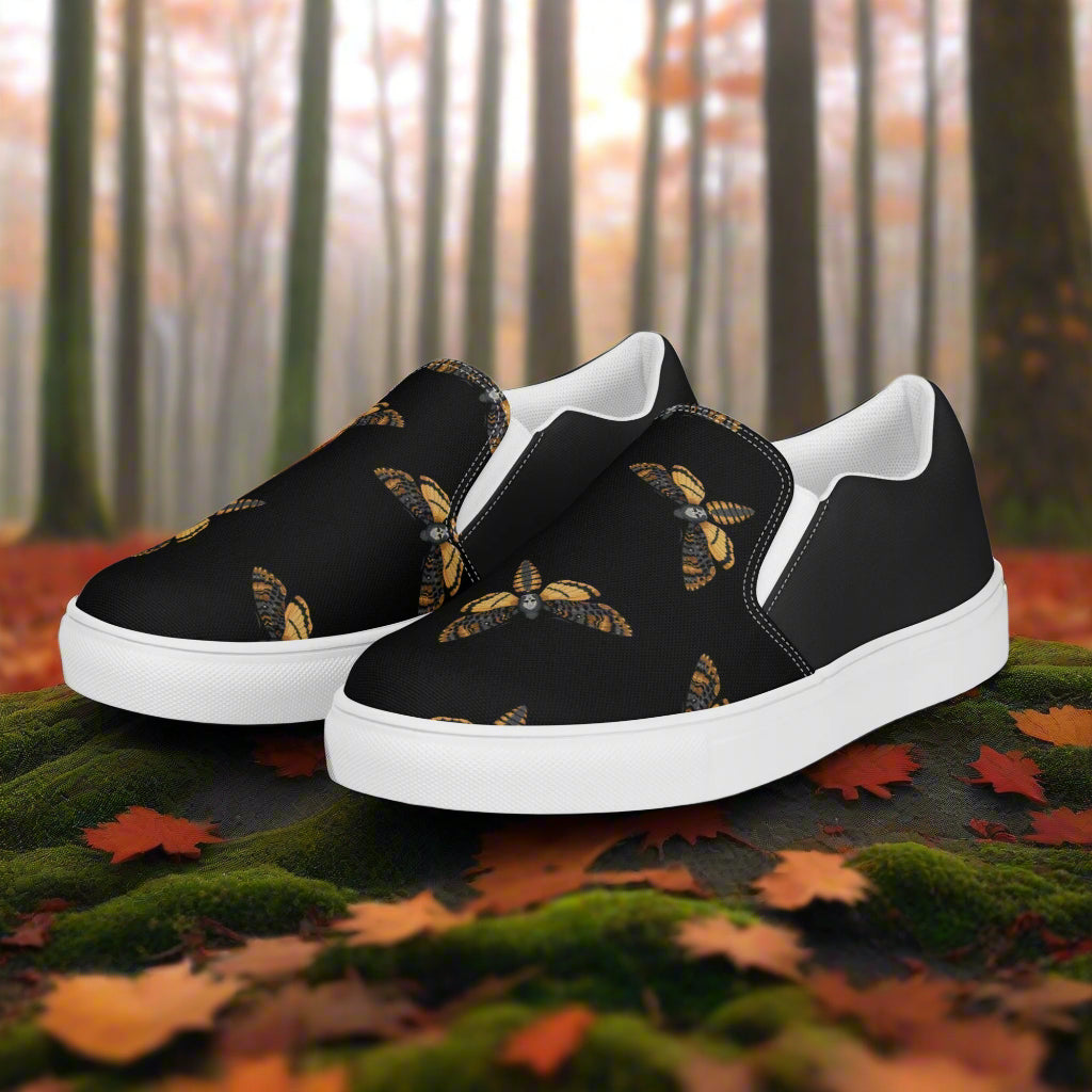 Women’s Custom Slip-on Canvas Shoes Black Moth Animal Print Two Tone