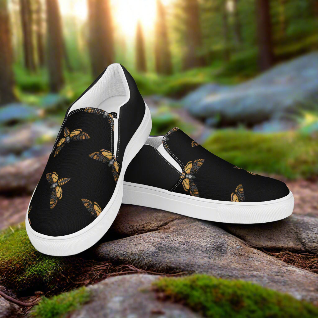 Women’s Custom Slip-on Canvas Shoes Black Moth Animal Print Two Tone