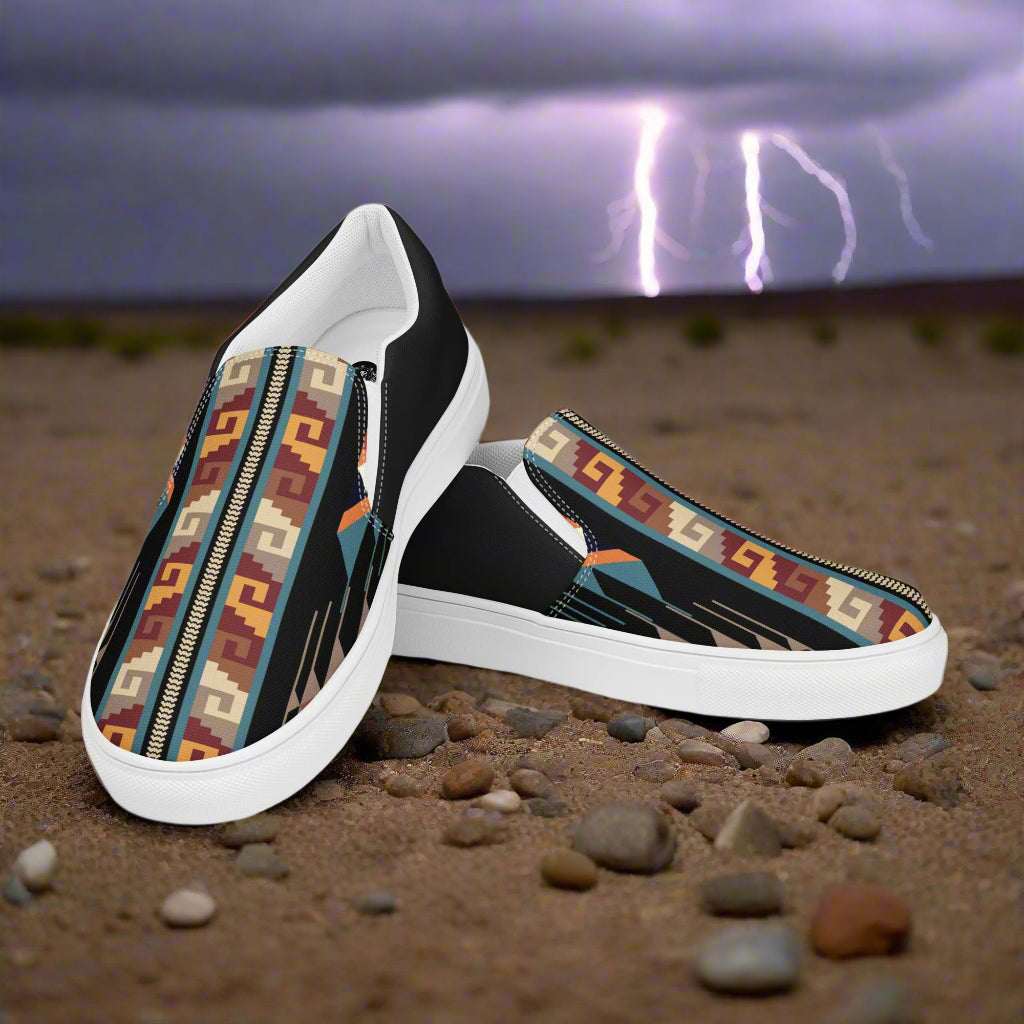 Southwest Print Women's Custom Slip-on Sneakers Native American Geometric Pattern Two-tone