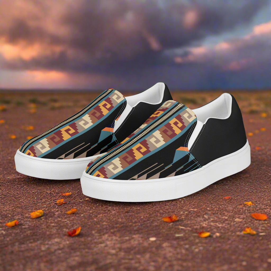 Southwest Print Women's Custom Slip-on Sneakers Native American Geometric Pattern Two-tone