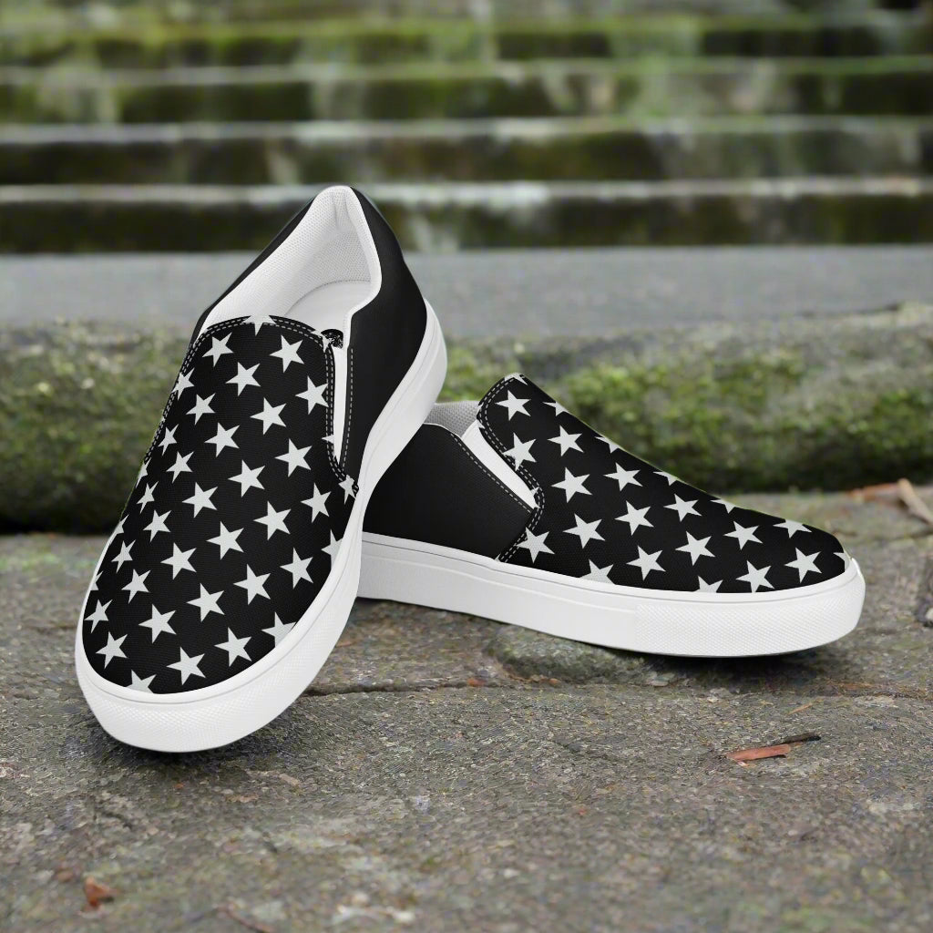 GeoMetro | Women’s Slip-On Canvas Shoes | White Star Black Halftone - WildSage Market