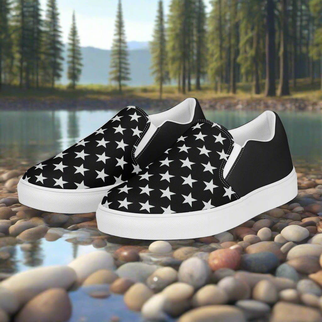 GeoMetro | Women’s Slip-On Canvas Shoes | White Star Black Halftone - WildSage Market