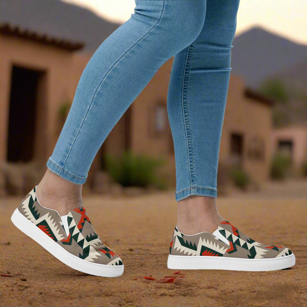Women’s Southwest Print, Custom Slip-on Canvas Shoes, Native American Geometric Pattern, Big Mesa