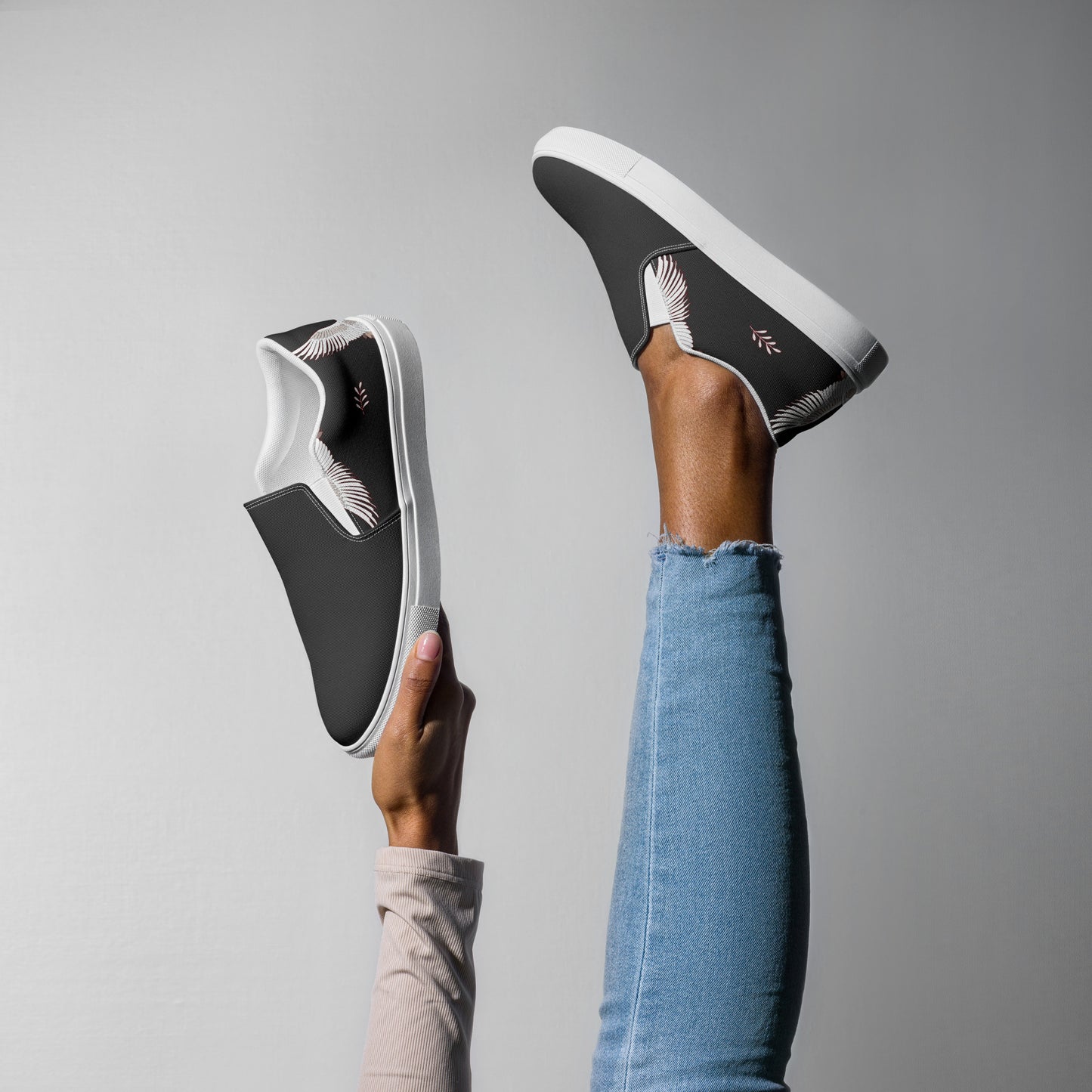 Women’s Custom Slip-on Canvas Shoes, Black with White Cranes, Asian Animal Print, Two-Tone