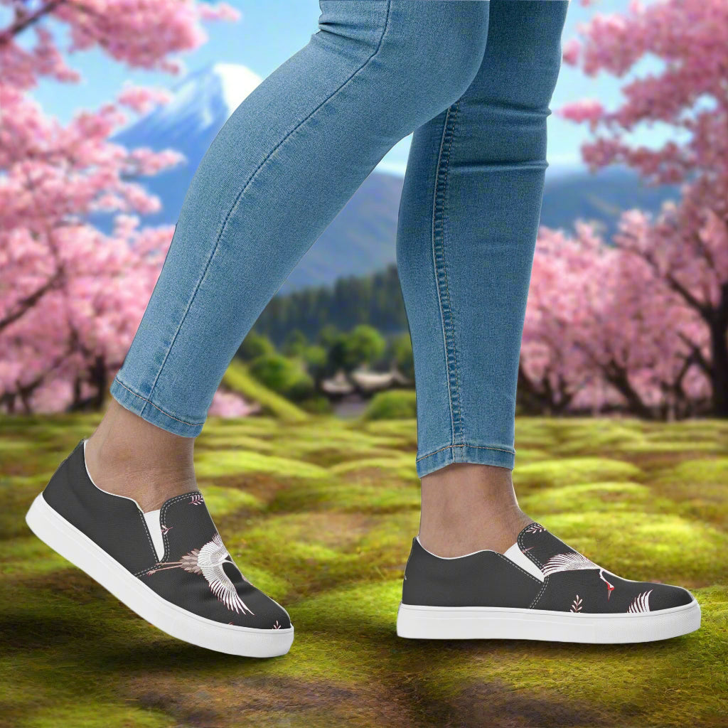 Women’s Custom Slip-on Canvas Shoes, Black with White Cranes, Asian Animal Print, Two Tone Design