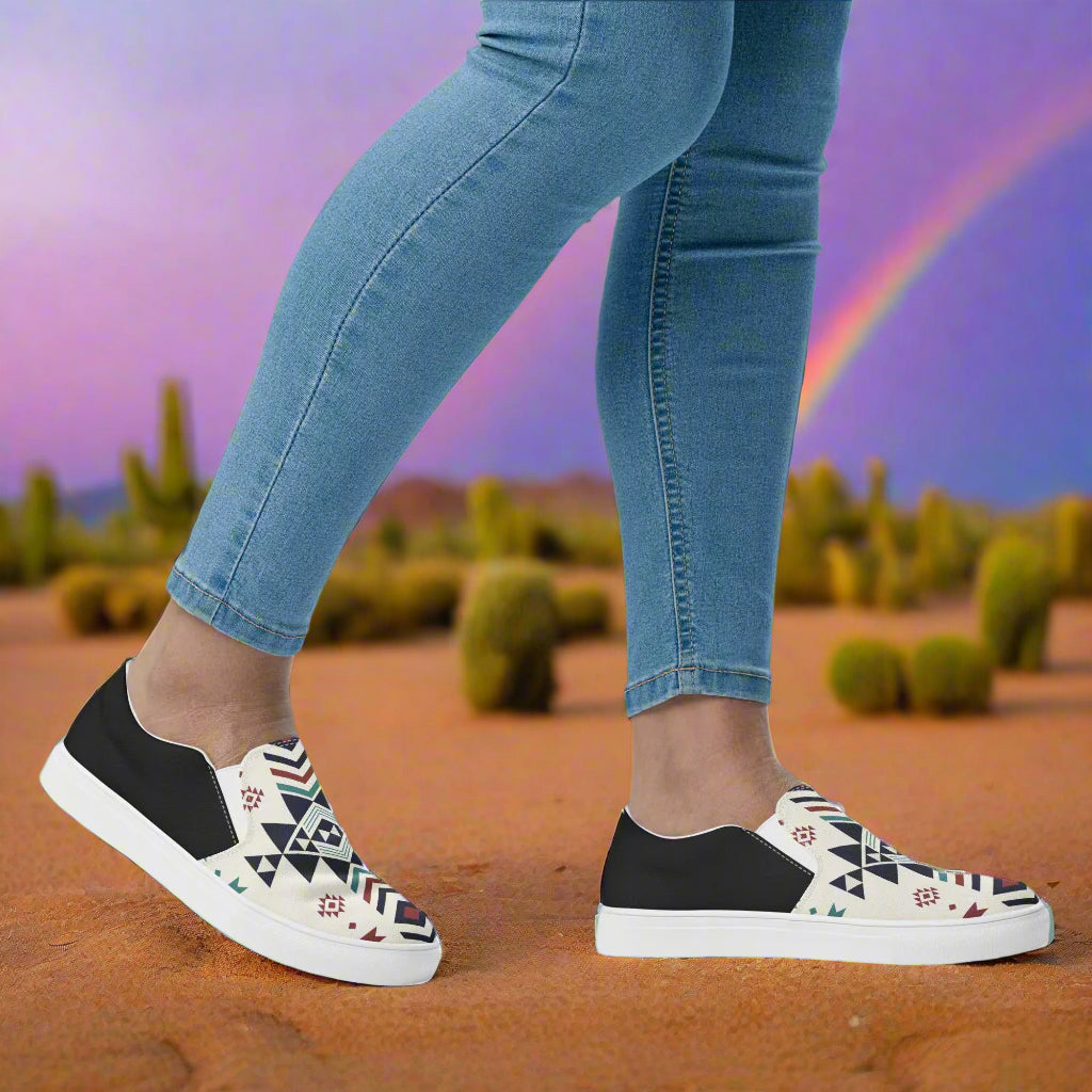 Women’s Southwest Print, Slip-on Canvas Shoes, Native American, Geometric Pattern, Supai Halftone