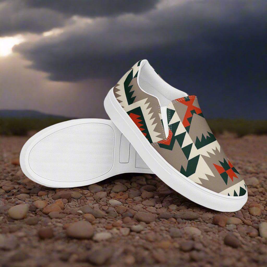Women’s Southwest Print, Custom Slip-on Canvas Shoes, Native American Geometric Pattern, Big Mesa