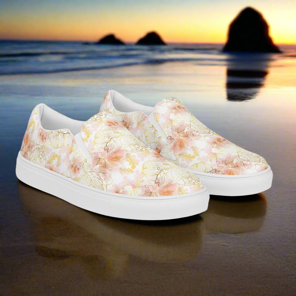 Women’s Slip-on Floral Print Canvas Shoes, Pink Peony