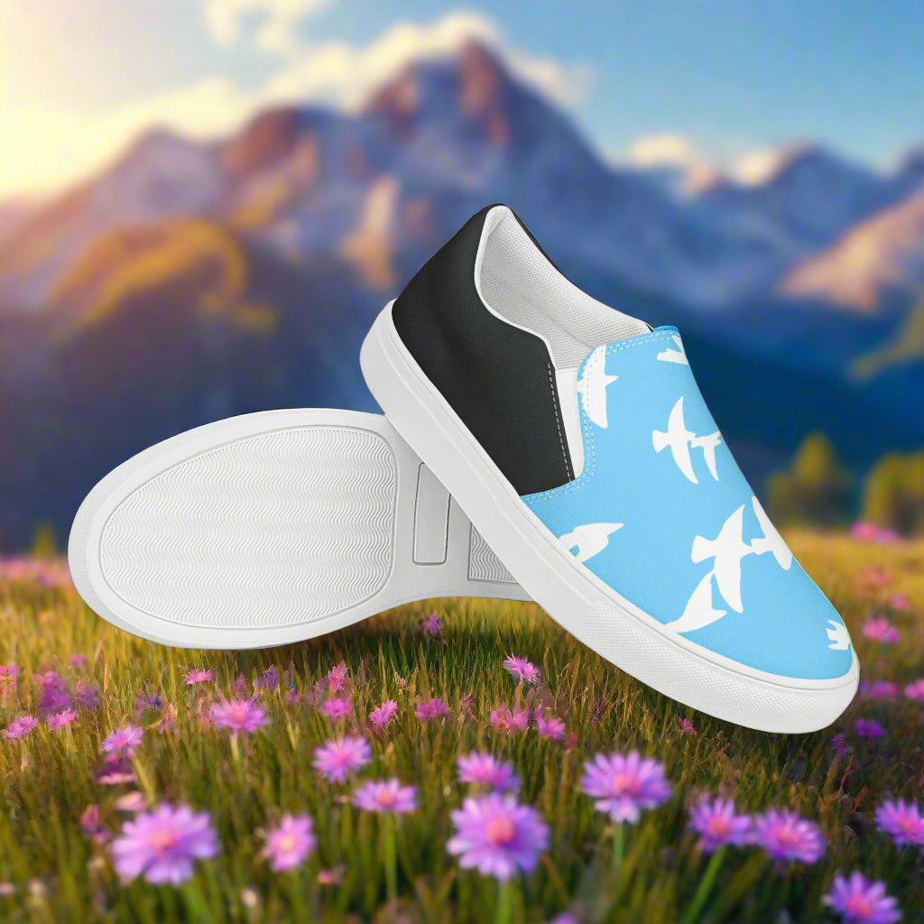 Women’s Custom, Slip-on Animal Print Canvas Shoes, Pastel Blue with White Birds Flying Two-Tone