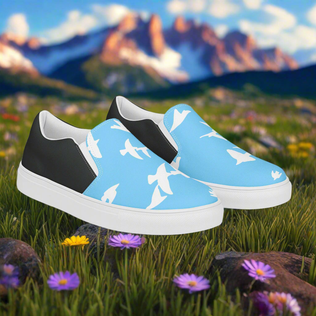 Women’s Custom, Slip-on Animal Print Canvas Shoes, Pastel Blue with White Birds Flying Two-Tone