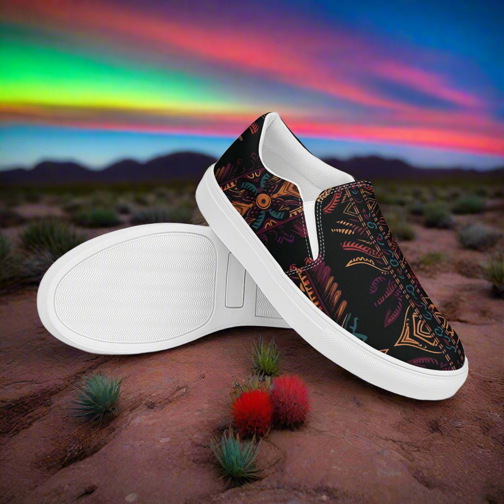 Women’s Southwest Print, Slip-on Canvas Shoes, Native American, Geometric Pattern, Iktomi