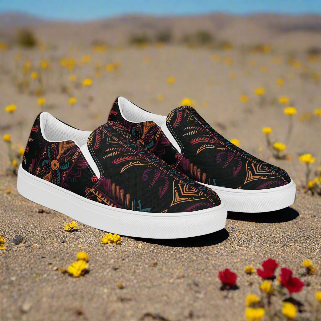 Women’s Southwest Print, Slip-on Canvas Shoes, Native American, Geometric Pattern, Iktomi