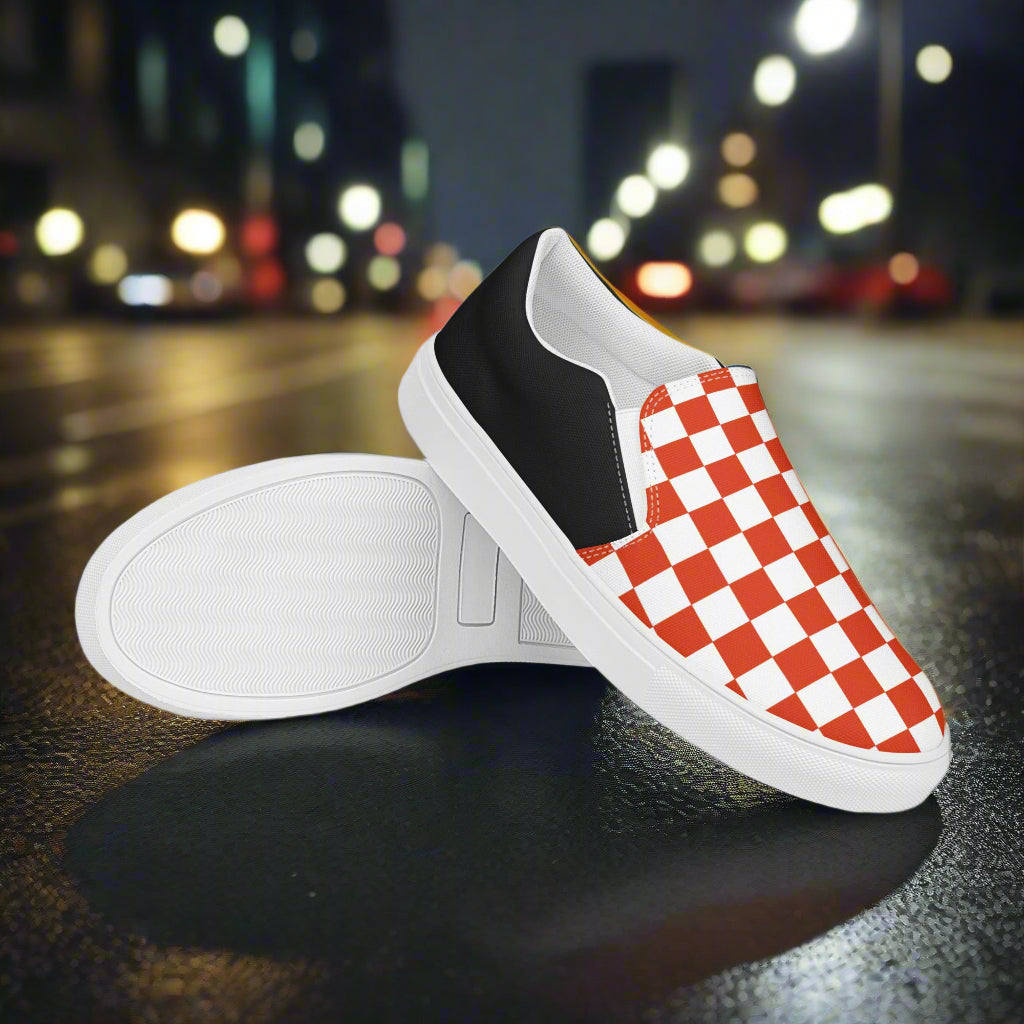 Women’s Custom Slip-on Canvas Shoes, Streetwear Styled, Red Checkerboard Pattern, Halftone