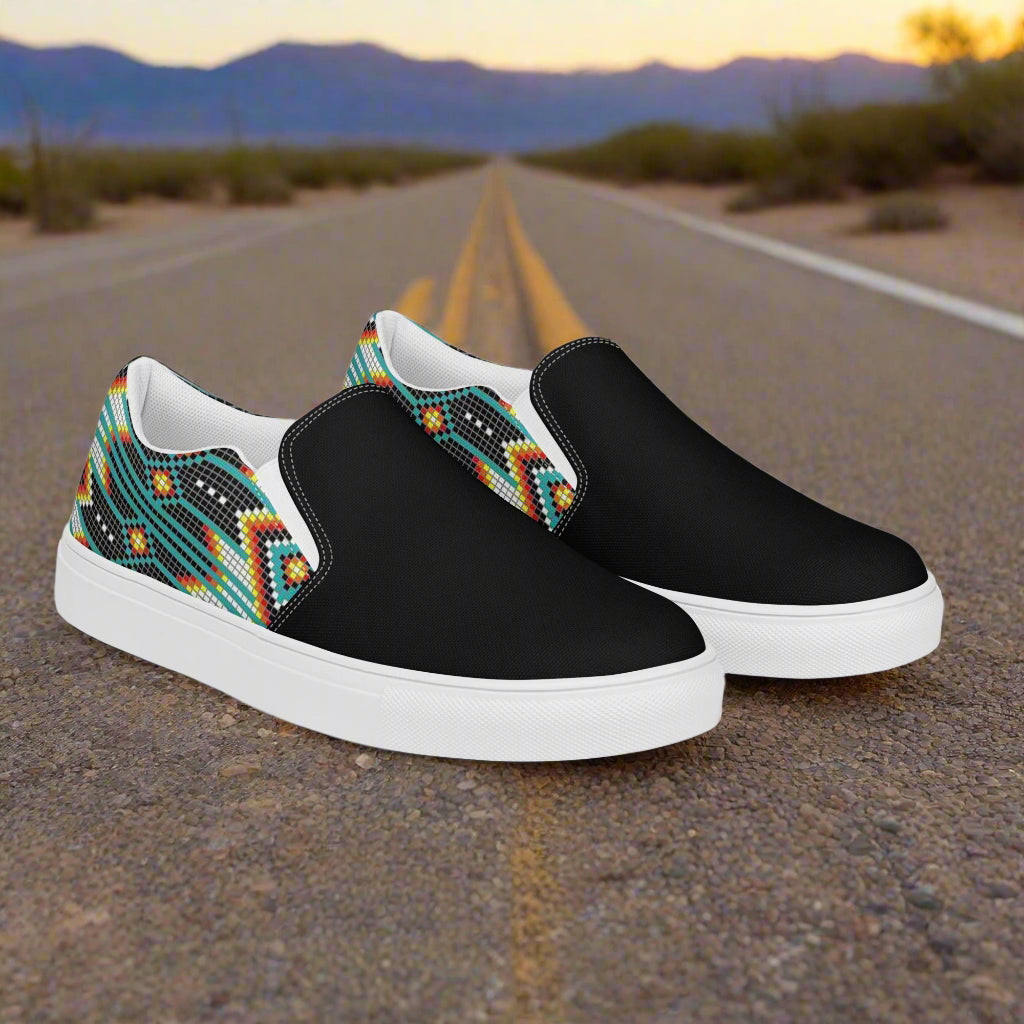 Women’s Southwest Print, Custom Slip-on Canvas Shoes, Native American Geometric Pattern, Hotai, Two-Tone