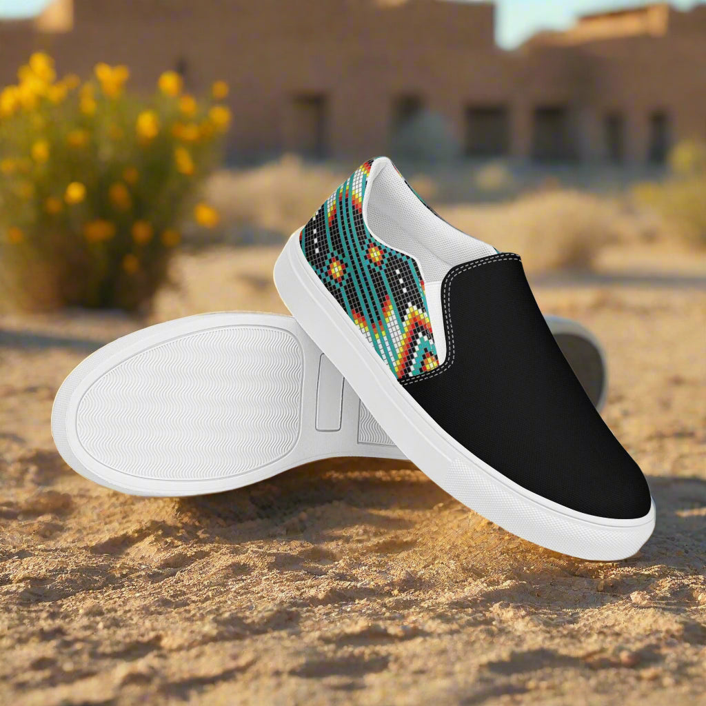 Women’s Southwest Print, Custom Slip-on Canvas Shoes, Native American Geometric Pattern, Hotai, Two-Tone