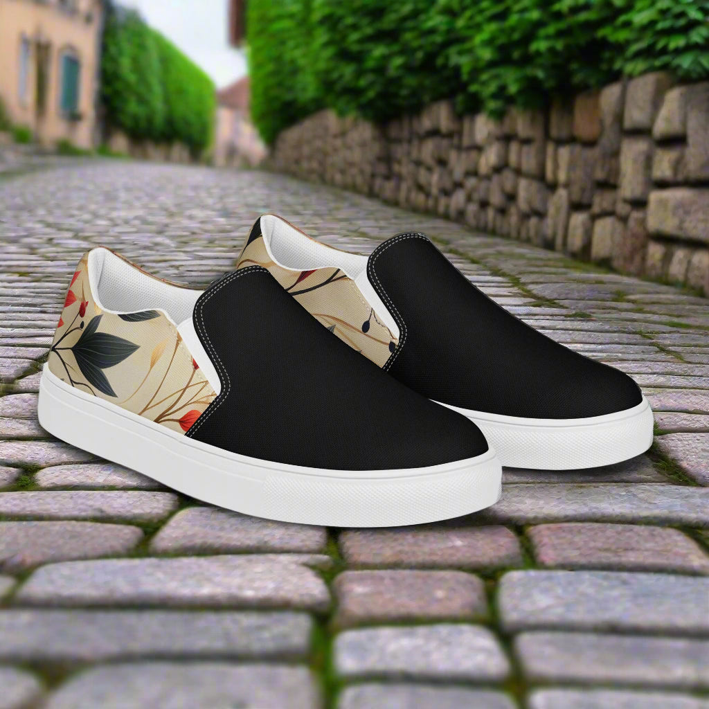 Women’s Custom Floral Print Slip-on Canvas Shoes, Autumn Fire Two-Tone