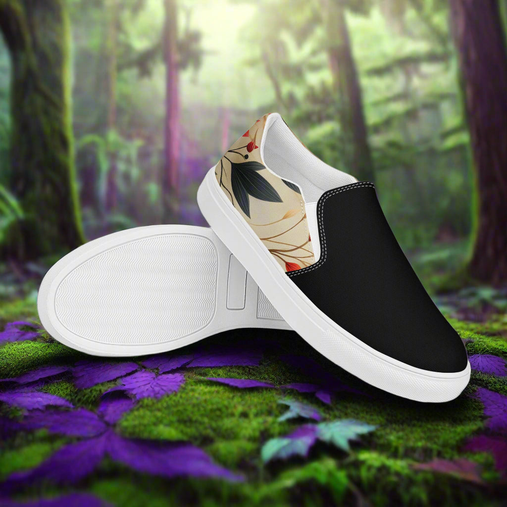 Women’s Custom Floral Print Slip-on Canvas Shoes, Autumn Fire Two-Tone